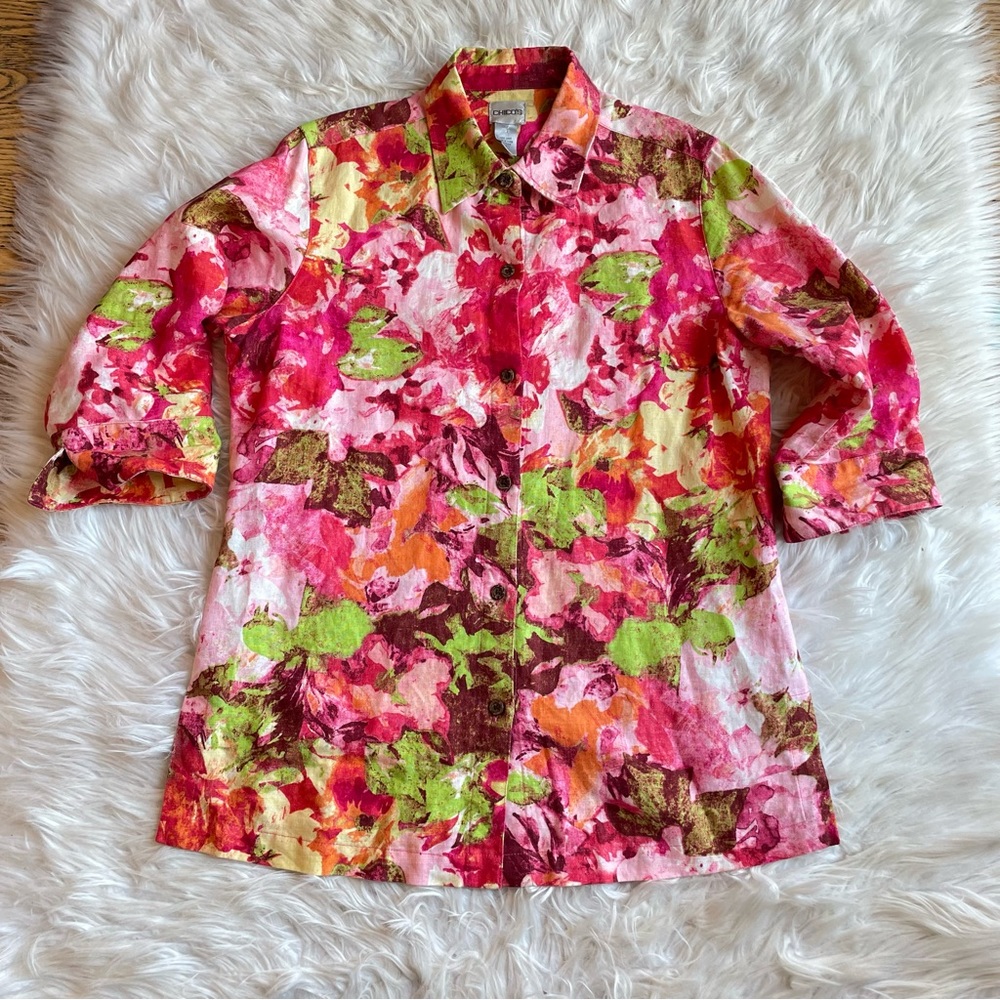 CHICO’S Blazer Jacket 100% Linen Multicolor Floral Collared Button Up Lagenlook